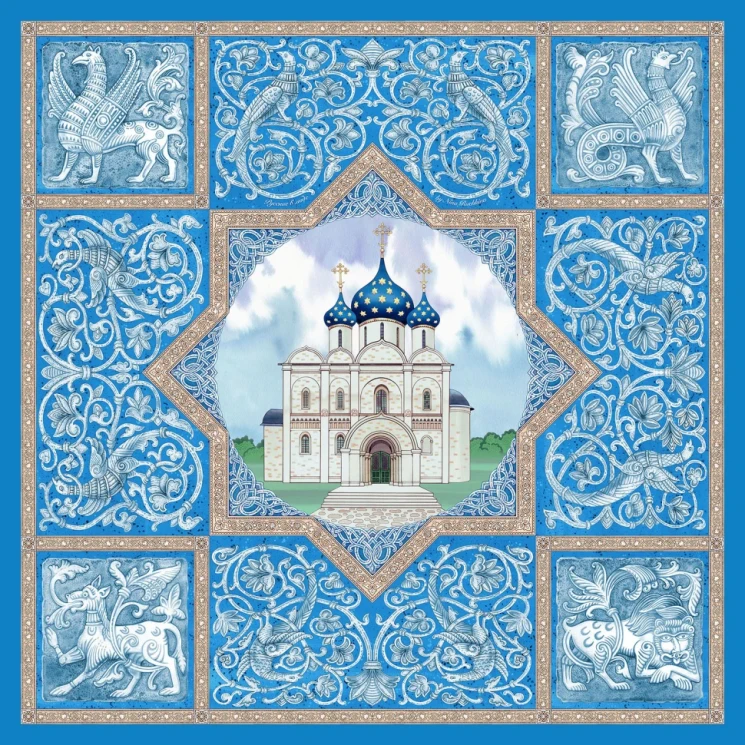 Платок шелковый "Белокаменное зодчество" 90х90 см.